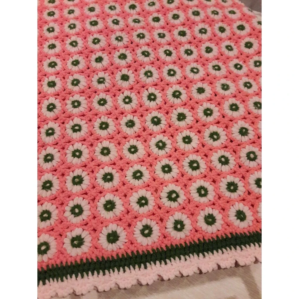 Vintage Crochet Pink Green Daisy Afghan Boho Blanket Lilly 70s Afghan